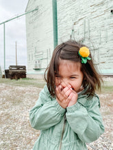 Load image into Gallery viewer, delphinette yellow marigold pom pom hair clip, yellow marigold hair band, yellow marigold hair tie, yellow pom pom hair clip, yellow pom pom hair accessory, yellow hair accessories, yellow pom pom hair band, yellow pom pom hair tie