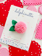 Load image into Gallery viewer, delphinette handmade felt little girl/baby girl hair accessory - a little carnation pink yarn pom pom flower that can be customized as a hair clip, headband or hair tie. Handmade in Canada.