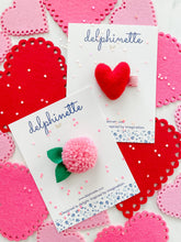 Load image into Gallery viewer, delphinette handmade felt little girl/baby girl hair accessory - a little red heart that can be customized as a hair clip, headband or hair tie. Handmade in Canada.