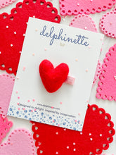Load image into Gallery viewer, delphinette handmade felt little girl/baby girl hair accessory - a little red heart that can be customized as a hair clip, headband or hair tie. Handmade in Canada.