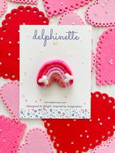 Load image into Gallery viewer, delphinette handmade felt little girl/baby girl hair accessory - a little pink and red gradient rainbow that can be customized as a hair clip, headband or hair tie. Handmade in Canada.