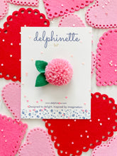 Load image into Gallery viewer, delphinette handmade felt little girl/baby girl hair accessory - a little carnation pink yarn pom pom flower that can be customized as a hair clip, headband or hair tie. Handmade in Canada.