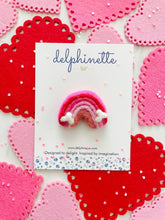 Load image into Gallery viewer, delphinette handmade felt little girl/baby girl hair accessory - a little pink and red gradient rainbow that can be customized as a hair clip, headband or hair tie. Handmade in Canada.