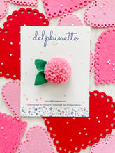 Load image into Gallery viewer, delphinette handmade felt little girl/baby girl hair accessory - a little carnation pink yarn pom pom flower that can be customized as a hair clip, headband or hair tie. Handmade in Canada.