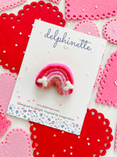 Load image into Gallery viewer, delphinette handmade felt little girl/baby girl hair accessory - a little pink and red gradient rainbow that can be customized as a hair clip, headband or hair tie. Handmade in Canada.