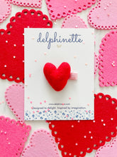 Load image into Gallery viewer, delphinette handmade felt little girl/baby girl hair accessory - a little red heart that can be customized as a hair clip, headband or hair tie. Handmade in Canada.