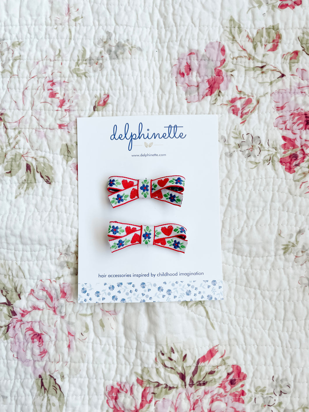 Little Red Heart and Blue Flower Bow Hair Clips