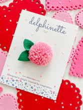 Load image into Gallery viewer, delphinette handmade felt little girl/baby girl hair accessory - a little carnation pink yarn pom pom flower that can be customized as a hair clip, headband or hair tie. Handmade in Canada.
