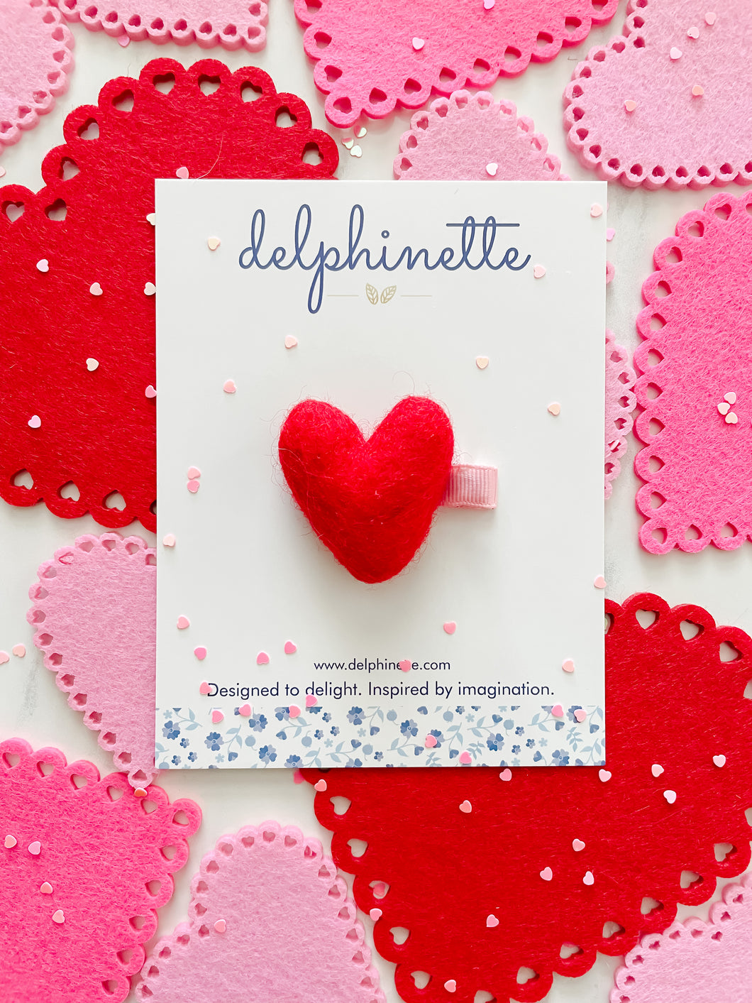 delphinette handmade felt little girl/baby girl hair accessory - a little red heart that can be customized as a hair clip, headband or hair tie. Handmade in Canada.
