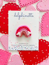 Load image into Gallery viewer, delphinette handmade felt little girl/baby girl hair accessory - a little pink and red gradient rainbow that can be customized as a hair clip, headband or hair tie. Handmade in Canada.
