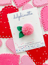 Load image into Gallery viewer, delphinette handmade felt little girl/baby girl hair accessory - a little carnation pink yarn pom pom flower that can be customized as a hair clip, headband or hair tie. Handmade in Canada.
